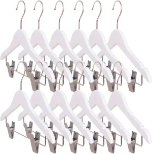 12 Children's Anti-Slip Eco-conscious Wooden Hangers with Soft Grip Clips | White