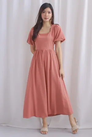 Bayleigh Puffy Sleeve Square Neckline Tie Back Dress In Rosewood