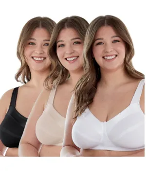 Bestform Satin Trim Wire-Free Cotton Bra With Unlined Cups 3 Pack - Black/Nude/White