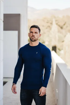 Father Sons Navy Knitted Honeycomb Raglan Crew Super Slim Jumper With Metal Decal - FSN060