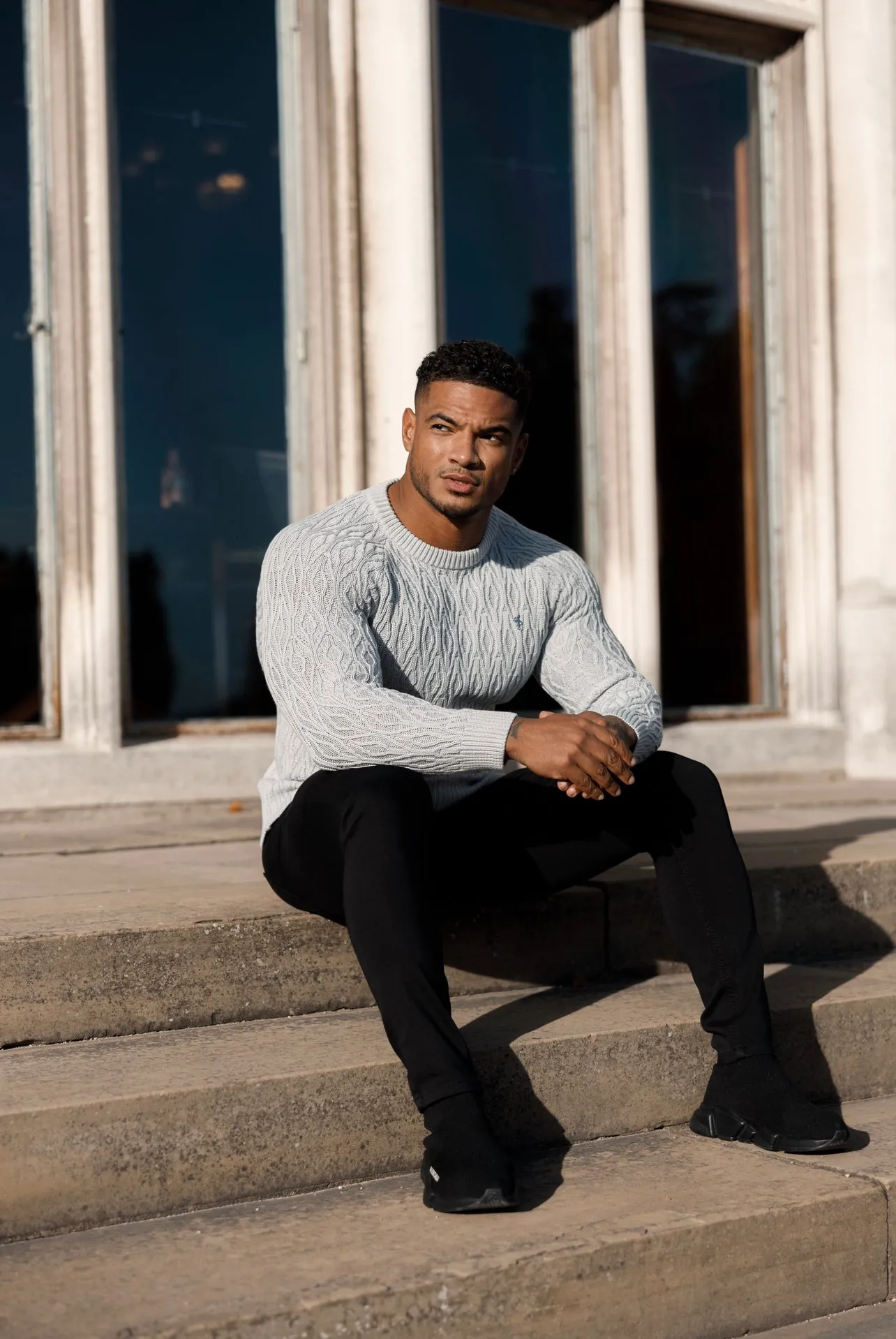 Father Sons Silver Grey Knitted Elongated Diamond Crew Super Slim Raglan Jumper With Metal Decal - FSN053