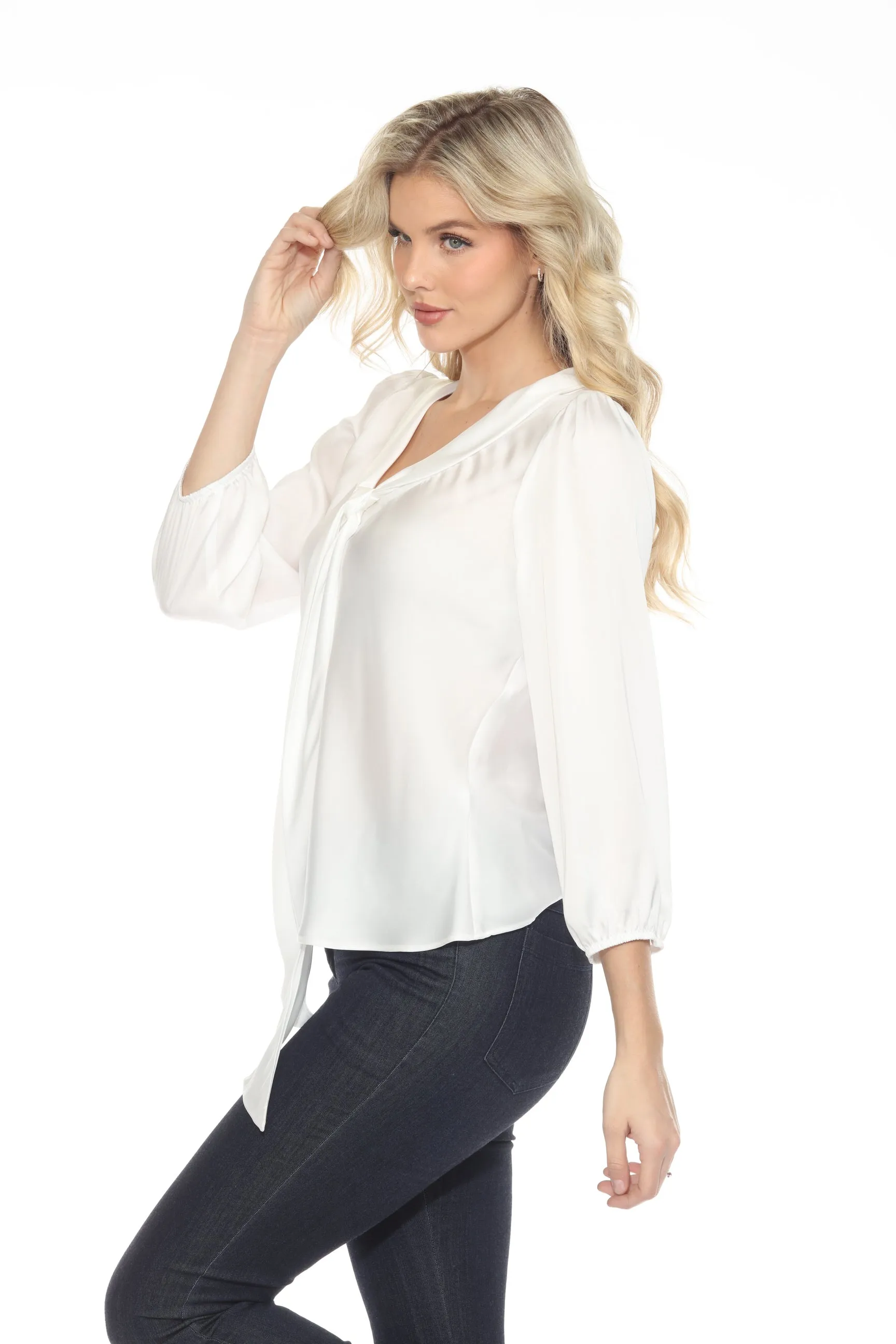 Joseph Ribkoff Vanilla Pussy Bow Puff Sleeve Satin Top 244077