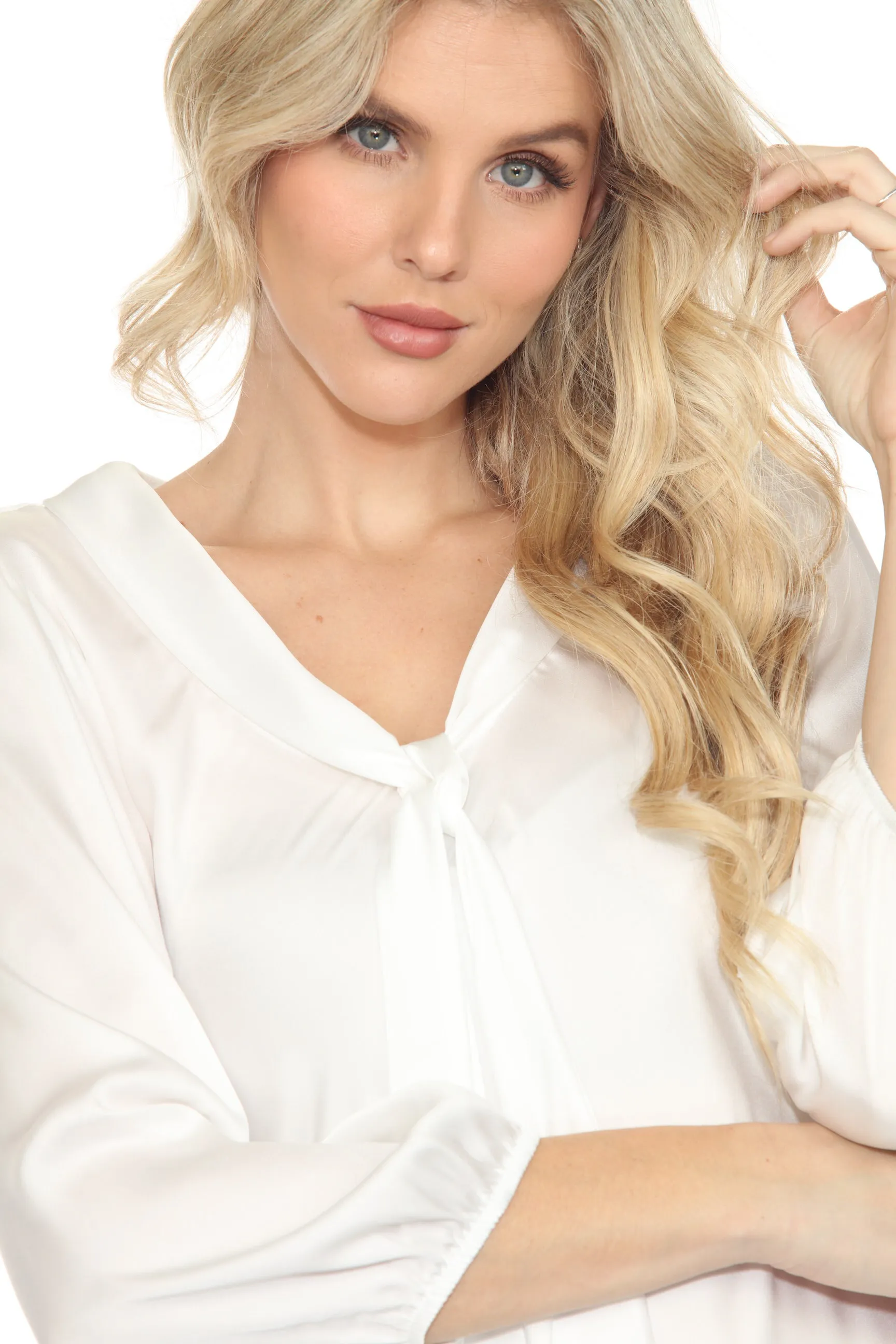 Joseph Ribkoff Vanilla Pussy Bow Puff Sleeve Satin Top 244077