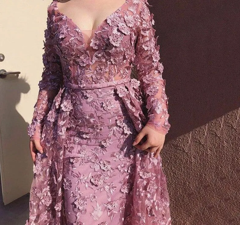 Long Sleeves Mermaid With Cap Evening Dresses New V-Neck Appliques Fashion Sexy Formal Dress