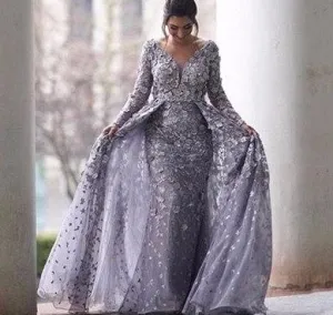 Long Sleeves Mermaid With Cap Evening Dresses New V-Neck Appliques Fashion Sexy Formal Dress