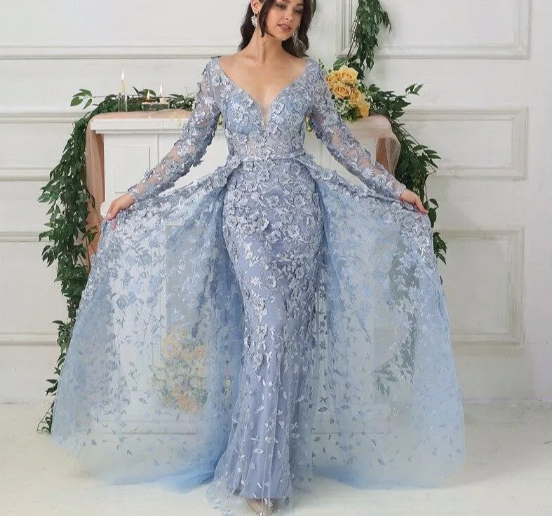 Long Sleeves Mermaid With Cap Evening Dresses New V-Neck Appliques Fashion Sexy Formal Dress