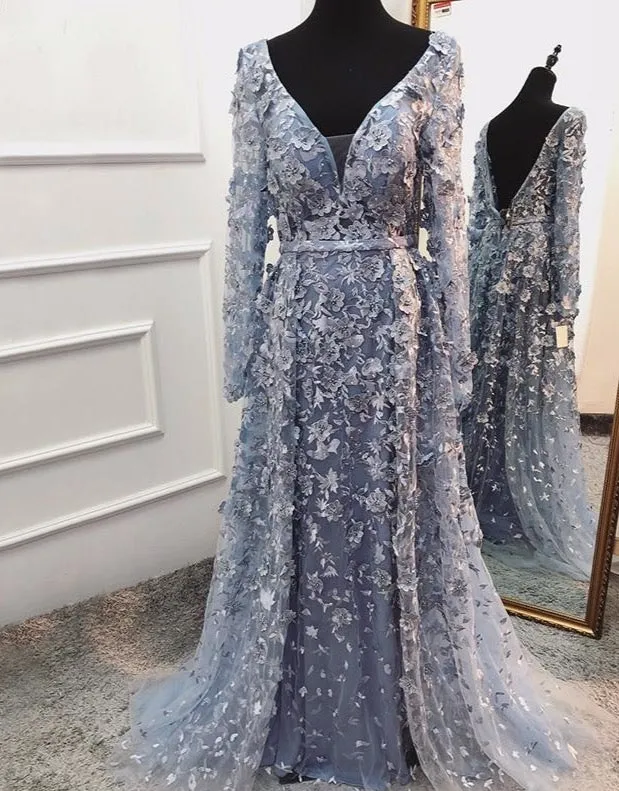 Long Sleeves Mermaid With Cap Evening Dresses New V-Neck Appliques Fashion Sexy Formal Dress
