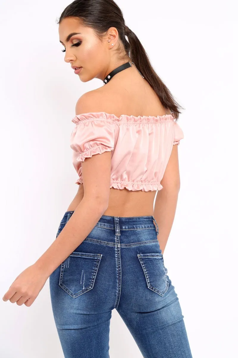 Nude Satin Ruched Bardot Gypsy Crop Top - Becky