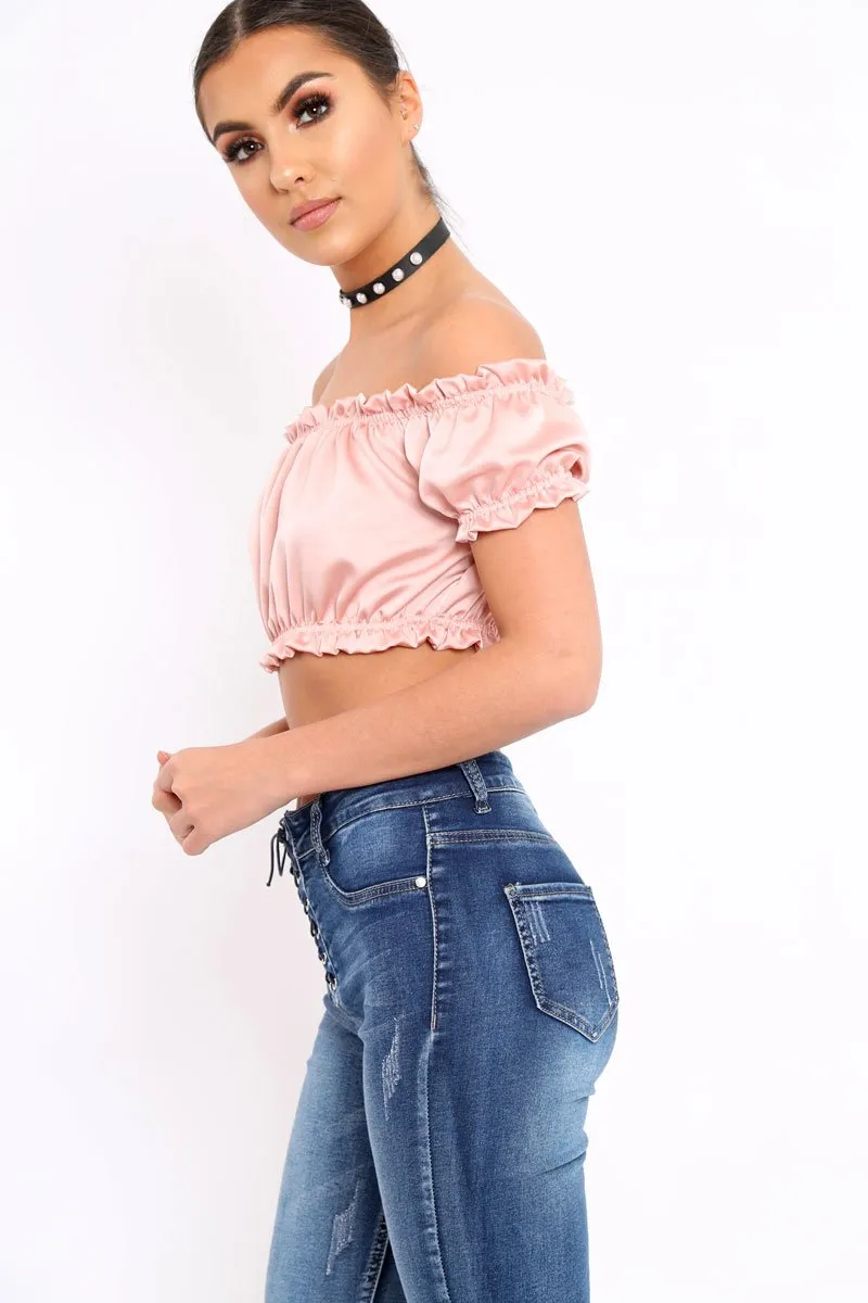 Nude Satin Ruched Bardot Gypsy Crop Top - Becky