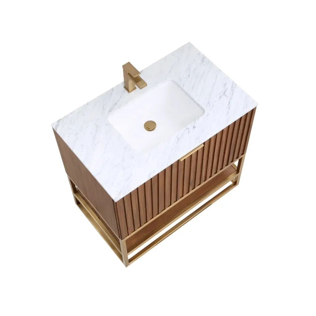 Terra 2 Drawers Bathroom Vanity with Carrara Marble Sink - Floor Mount - 30" Wood/Walnut/Satin Brass