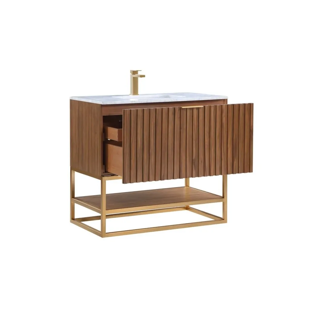 Terra 2 Drawers Bathroom Vanity with Carrara Marble Sink - Floor Mount - 30" Wood/Walnut/Satin Brass