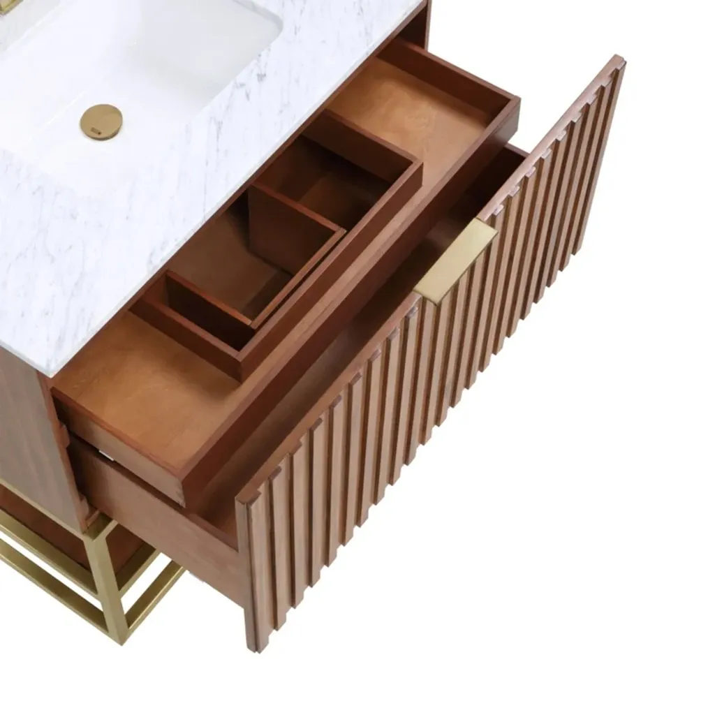Terra 2 Drawers Bathroom Vanity with Carrara Marble Sink - Floor Mount - 30" Wood/Walnut/Satin Brass