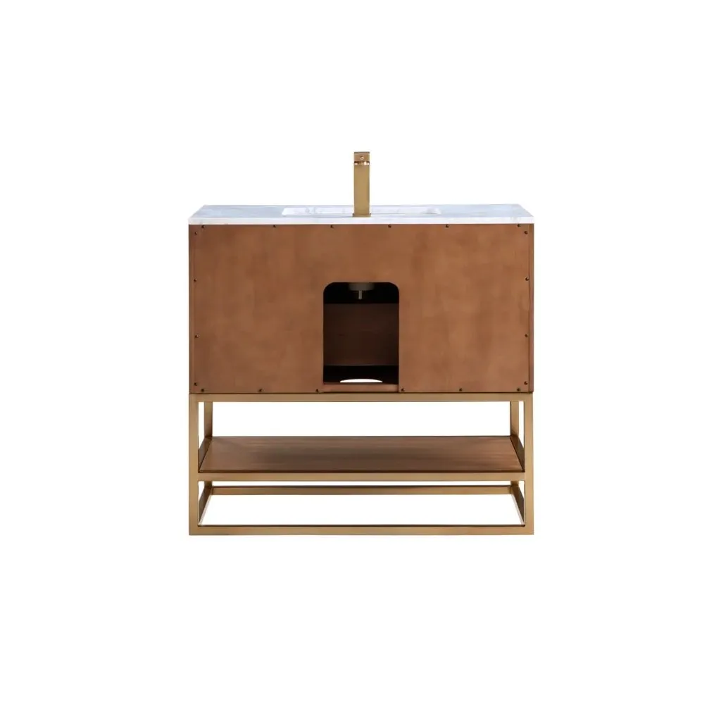 Terra 2 Drawers Bathroom Vanity with Carrara Marble Sink - Floor Mount - 30" Wood/Walnut/Satin Brass