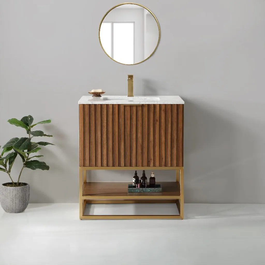 Terra 2 Drawers Bathroom Vanity with Carrara Marble Sink - Floor Mount - 30" Wood/Walnut/Satin Brass
