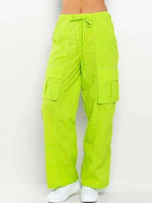 WOMEN'S STRETCH WAISTBAND CARGO POCKETS WIDE LEG PANTS