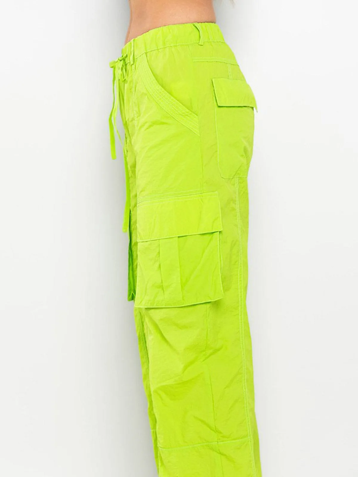 WOMEN'S STRETCH WAISTBAND CARGO POCKETS WIDE LEG PANTS