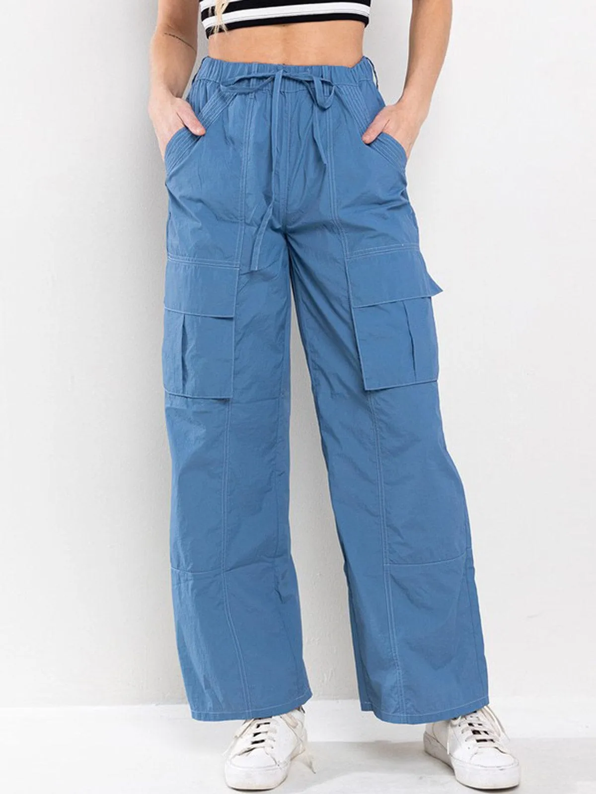 WOMEN'S STRETCH WAISTBAND CARGO POCKETS WIDE LEG PANTS